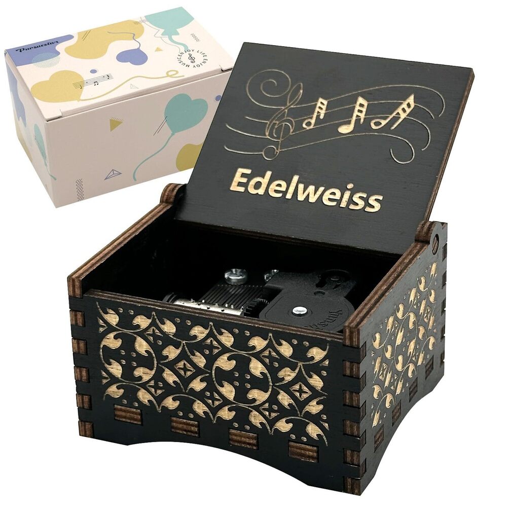 5084 Edelweiss Wind Up Music Box, Vintage Engraved Wood Mechanism Musical